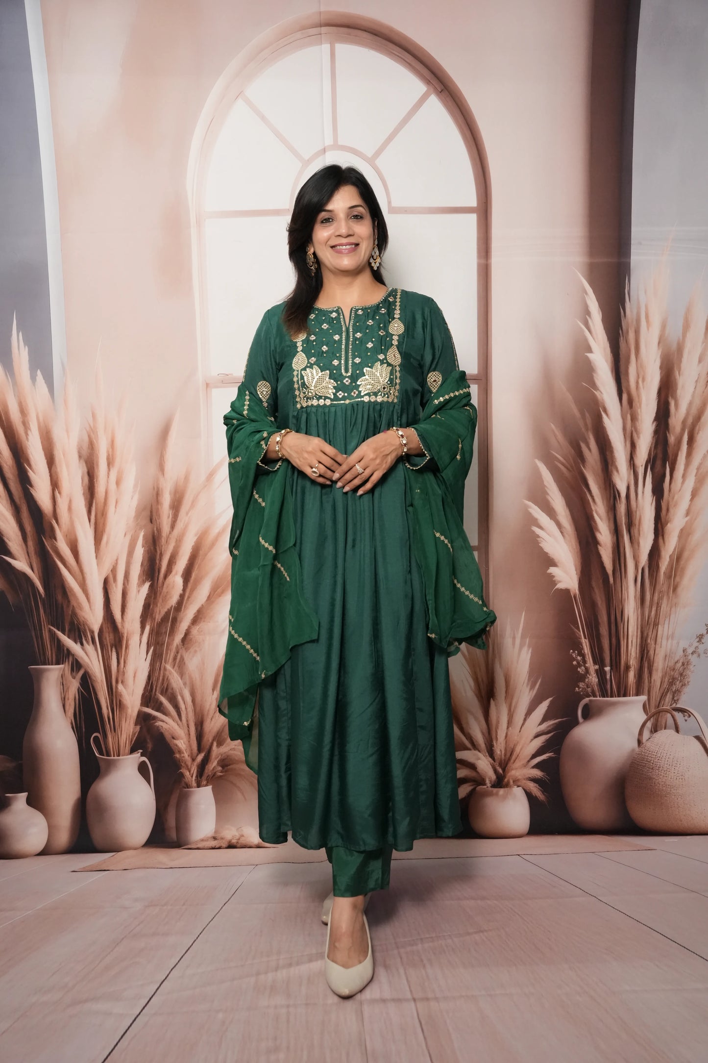 Bottle Green Pure Silk A-Line Kurta Dupatta Set | Mirror & Sequin Embroidery Work