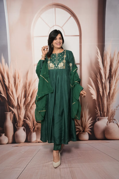 Bottle Green Pure Silk A-Line Kurta Dupatta Set | Mirror & Sequin Embroidery Work
