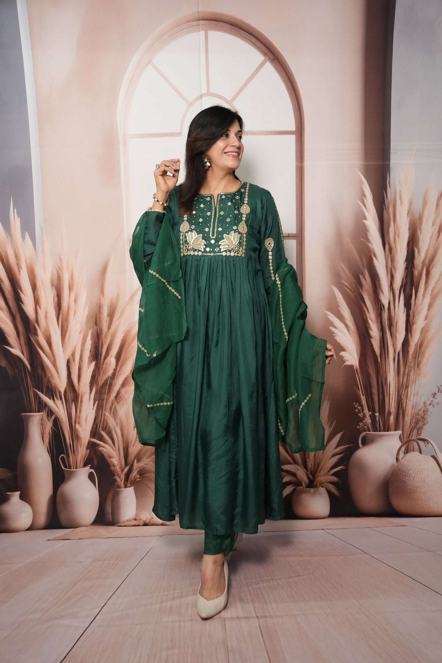 Bottle Green Pure Silk A-Line Kurta Dupatta Set | Mirror & Sequin Embroidery Work