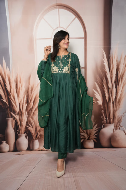 Bottle Green Pure Silk A-Line Kurta Dupatta Set | Mirror & Sequin Embroidery Work