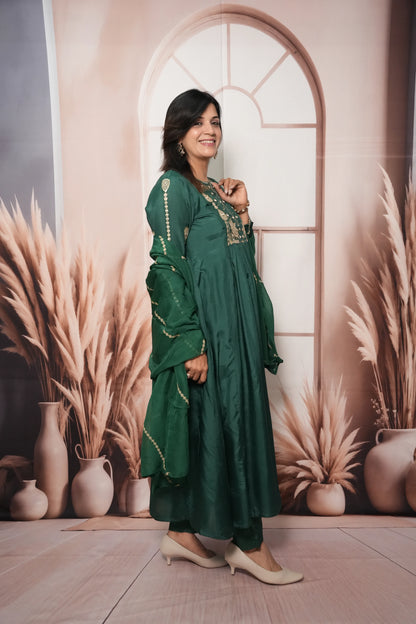 Bottle Green Pure Silk A-Line Kurta Dupatta Set | Mirror & Sequin Embroidery Work