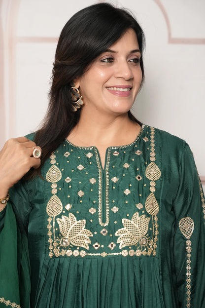 Bottle Green Pure Silk A-Line Kurta Dupatta Set | Mirror & Sequin Embroidery Work