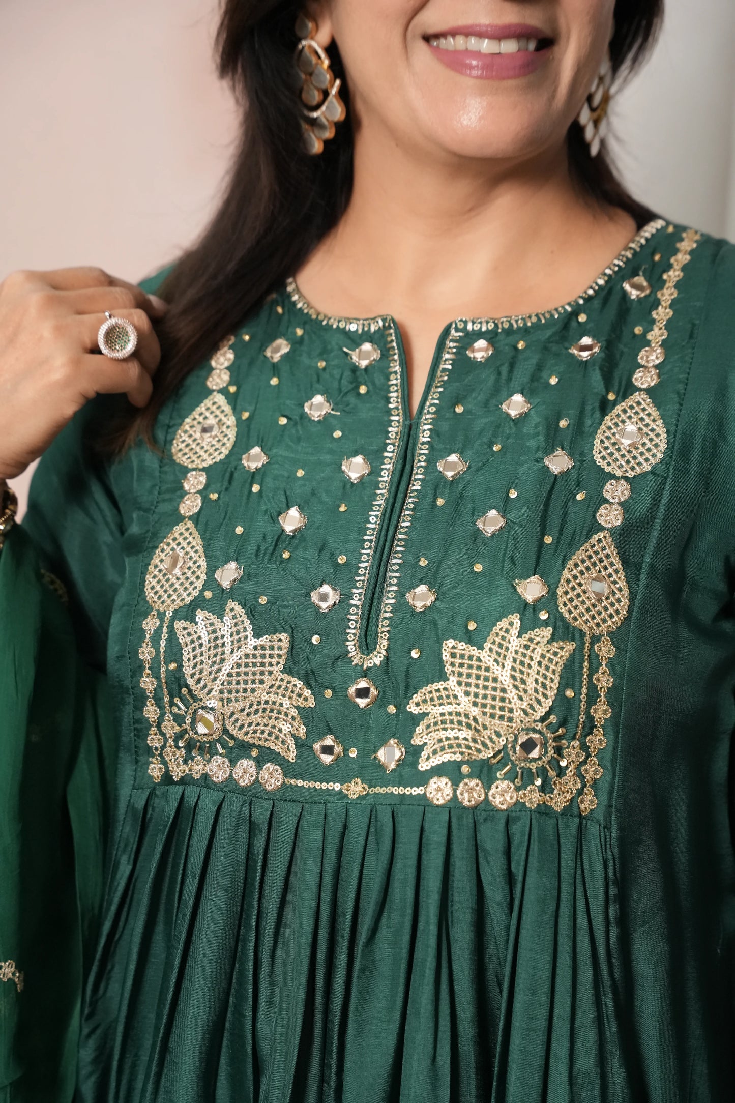 Bottle Green Pure Silk A-Line Kurta Dupatta Set | Mirror & Sequin Embroidery Work
