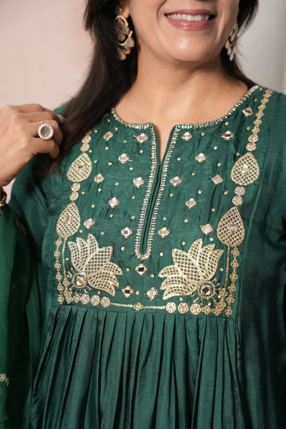 Bottle Green Pure Silk A-Line Kurta Dupatta Set | Mirror & Sequin Embroidery Work