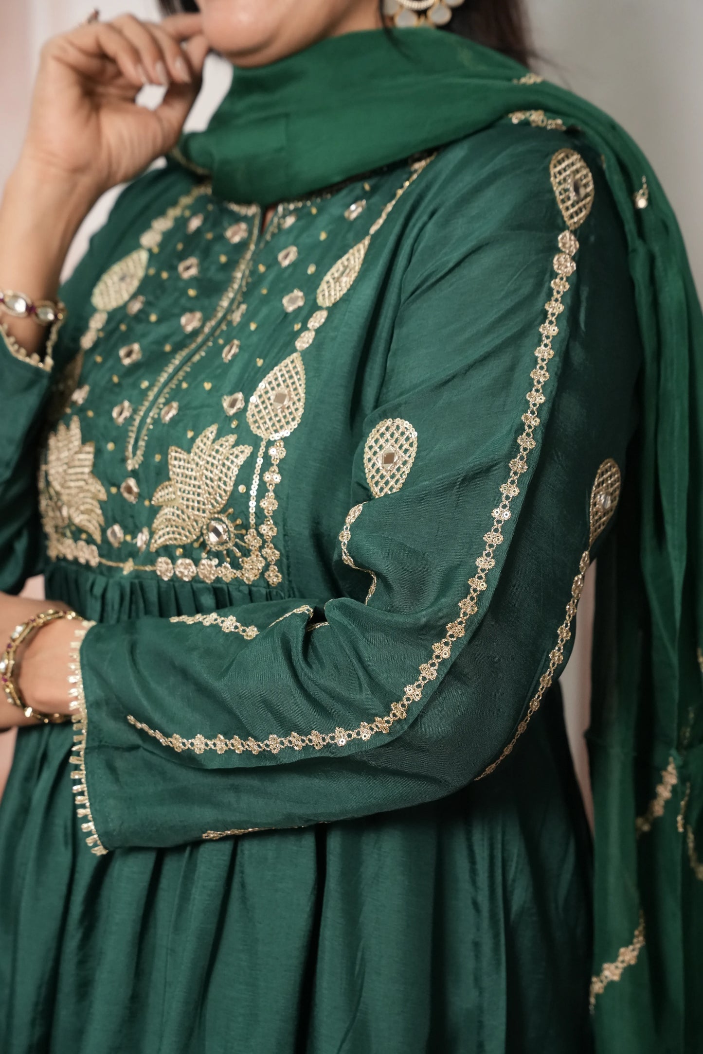 Bottle Green Pure Silk A-Line Kurta Dupatta Set | Mirror & Sequin Embroidery Work