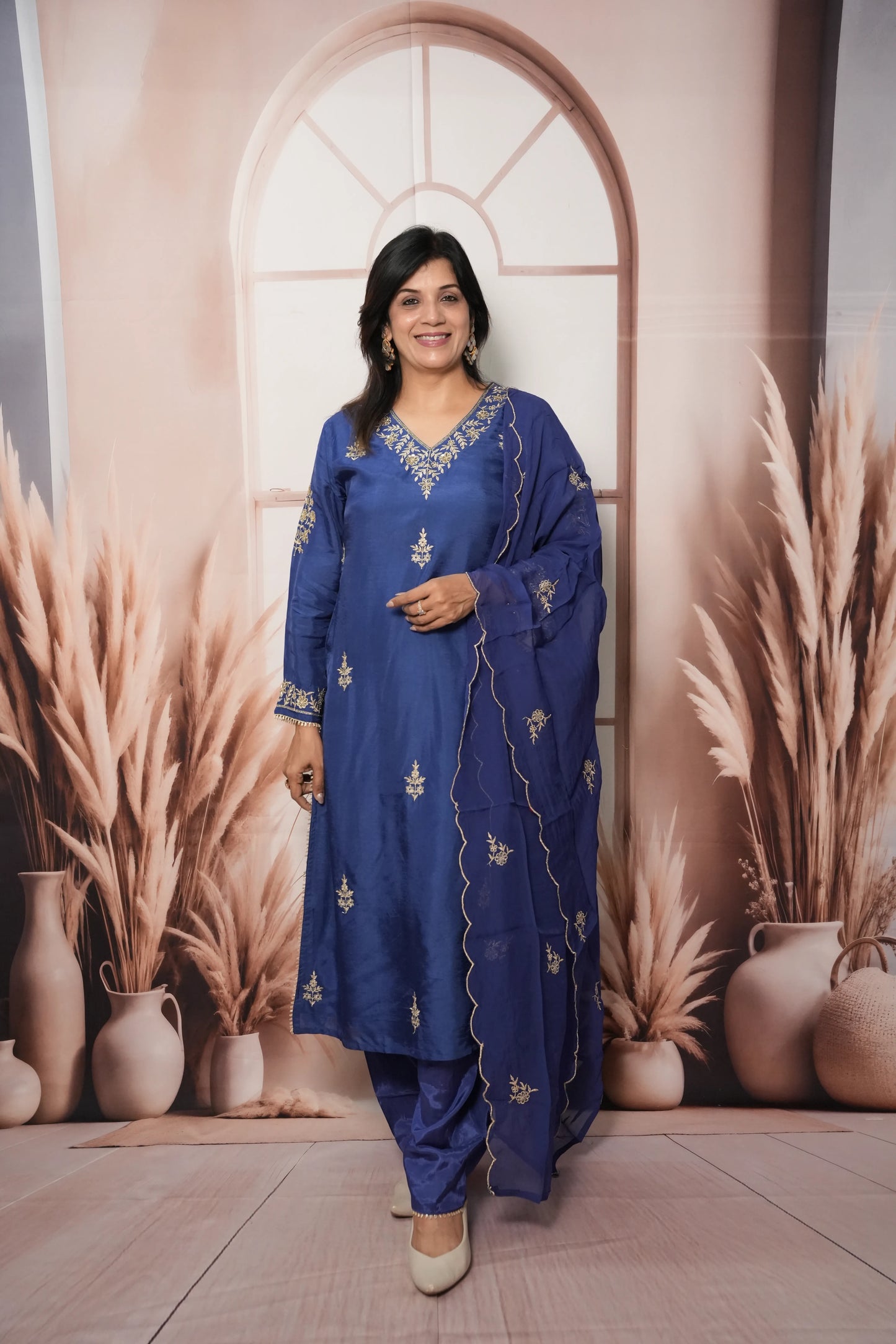 Royal Blue Pure Silk A-Line Kurta Dupatta Set | Pearl & Sequin Embroidery Work