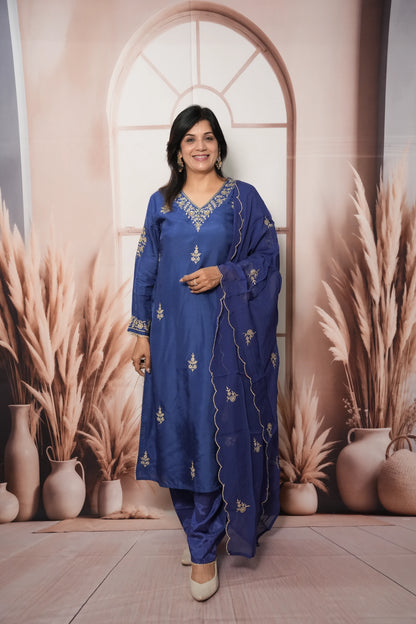 Royal Blue Pure Silk A-Line Kurta Dupatta Set | Pearl & Sequin Embroidery Work