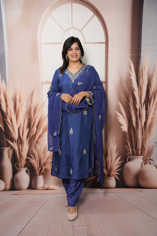 Royal Blue Pure Silk A-Line Kurta Dupatta Set | Pearl & Sequin Embroidery Work