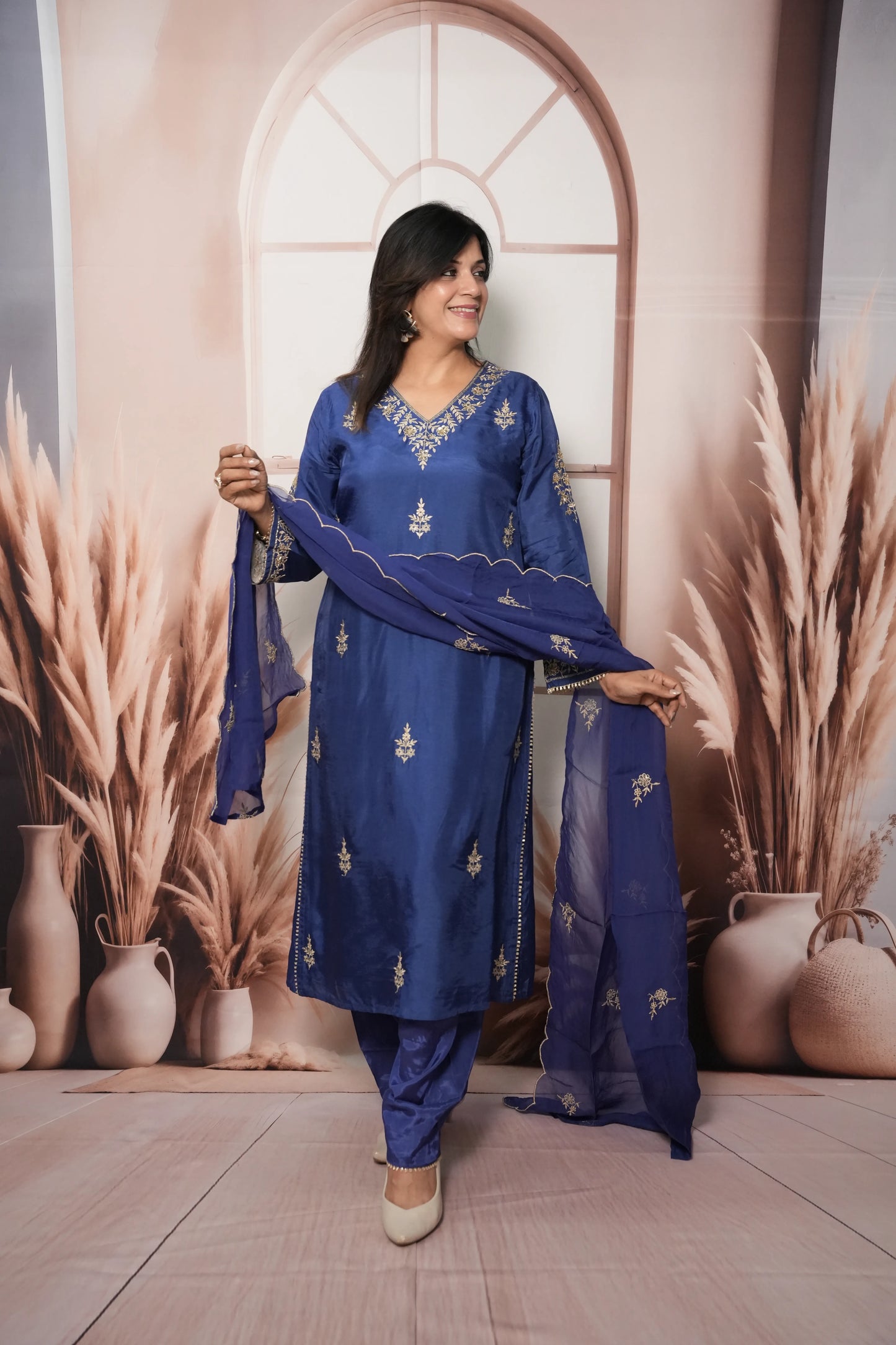 Royal Blue Pure Silk A-Line Kurta Dupatta Set | Pearl & Sequin Embroidery Work