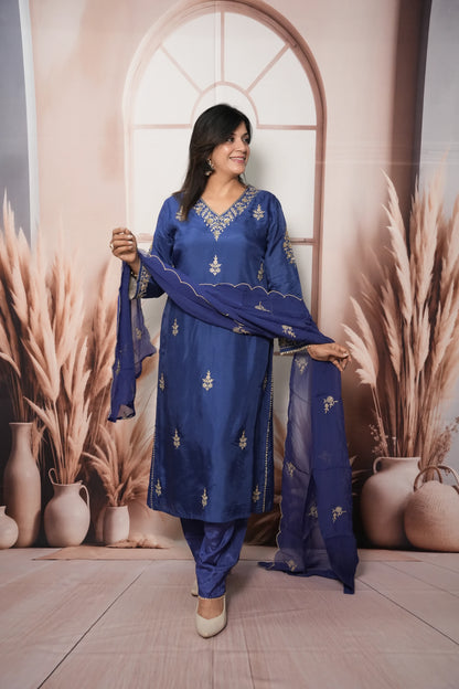 Royal Blue Pure Silk A-Line Kurta Dupatta Set | Pearl & Sequin Embroidery Work