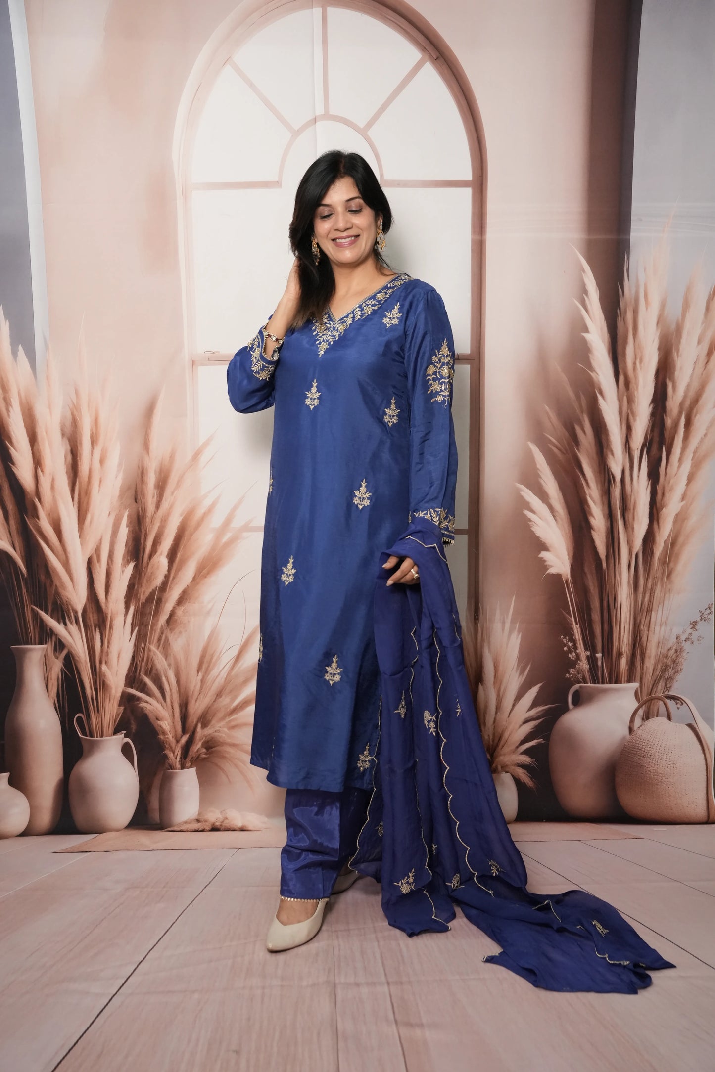 Royal Blue Pure Silk A-Line Kurta Dupatta Set | Pearl & Sequin Embroidery Work