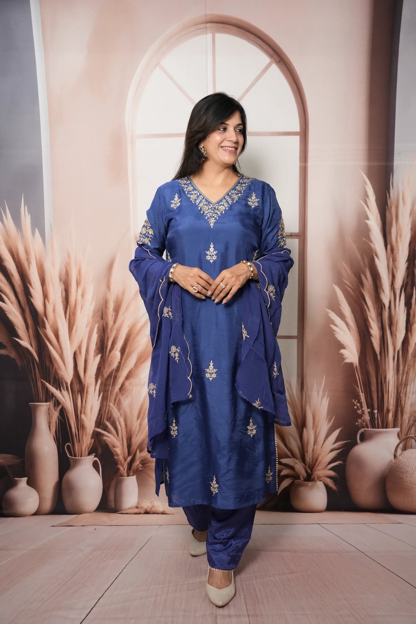 Royal Blue Pure Silk A-Line Kurta Dupatta Set | Pearl & Sequin Embroidery Work