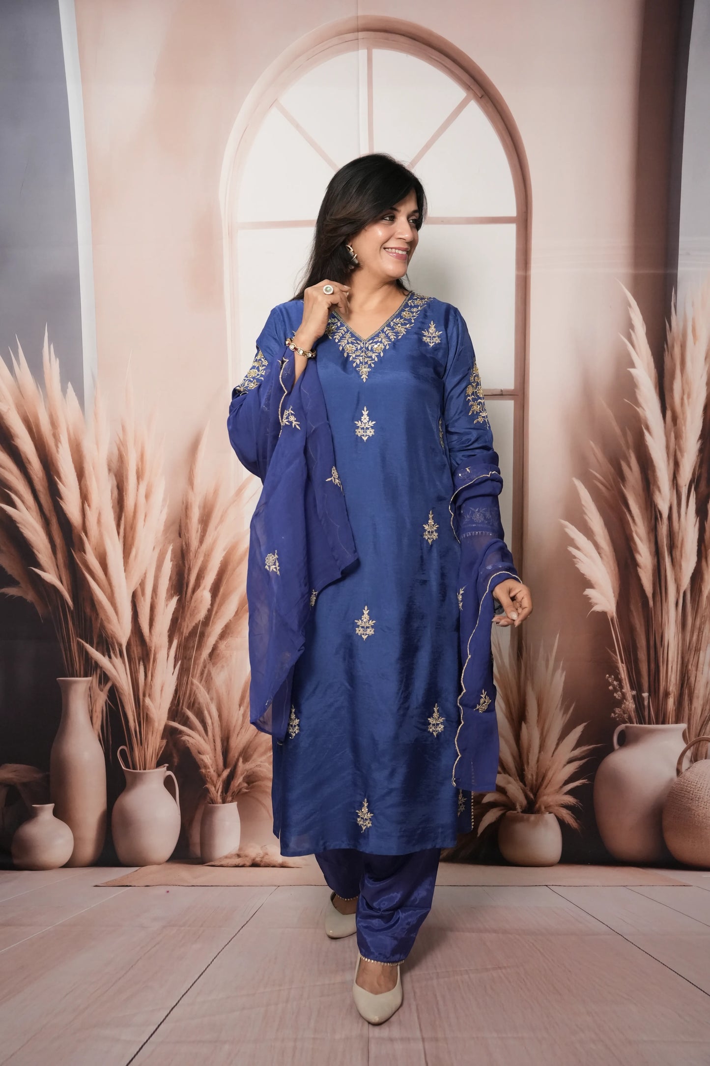 Royal Blue Pure Silk A-Line Kurta Dupatta Set | Pearl & Sequin Embroidery Work