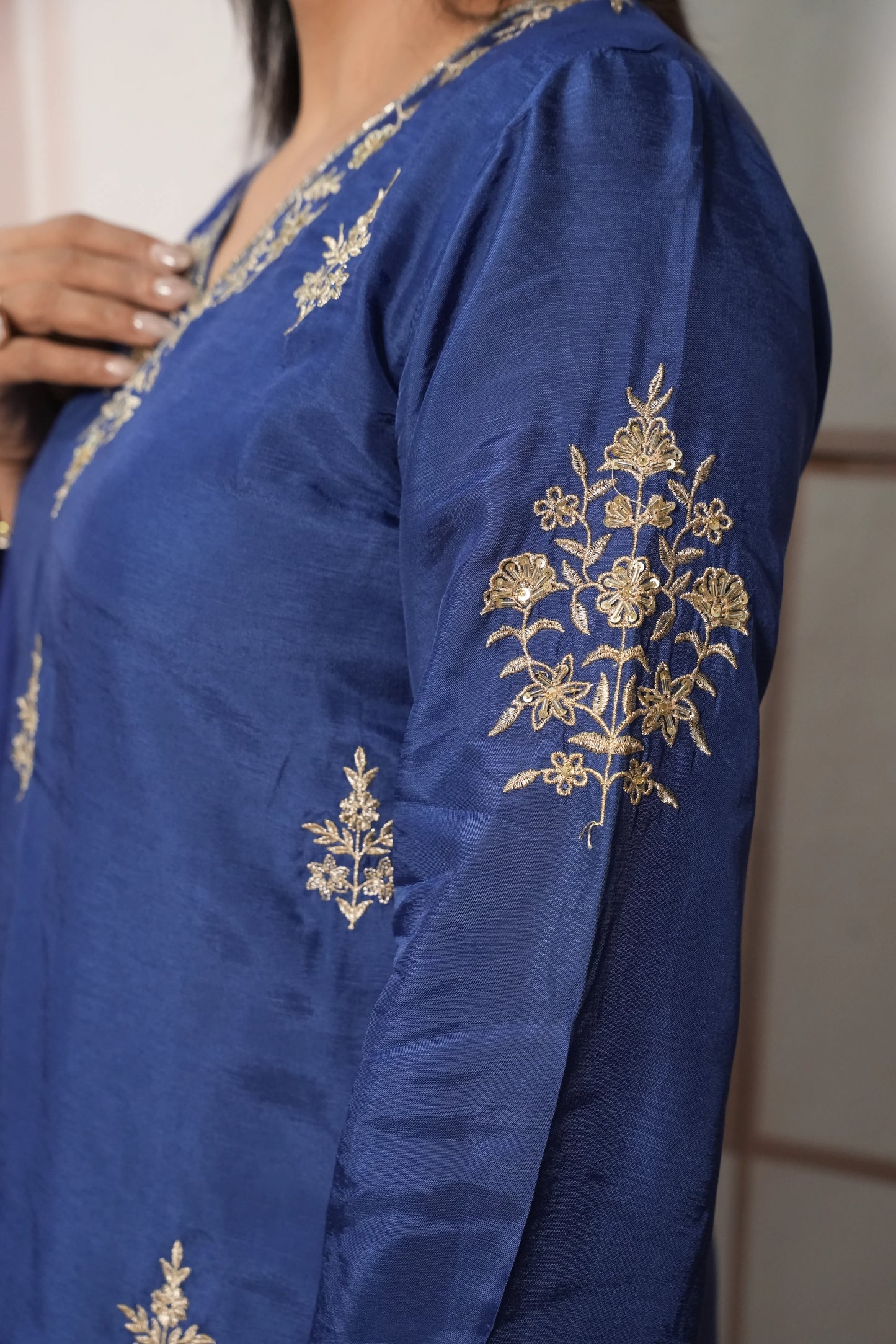 Royal Blue Pure Silk A-Line Kurta Dupatta Set | Pearl & Sequin Embroidery Work