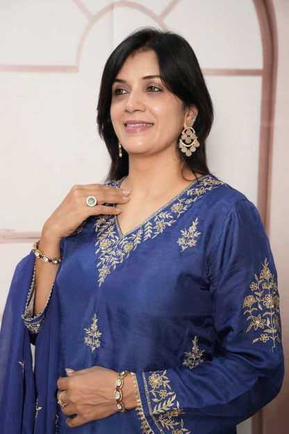 Royal Blue Pure Silk A-Line Kurta Dupatta Set | Pearl & Sequin Embroidery Work