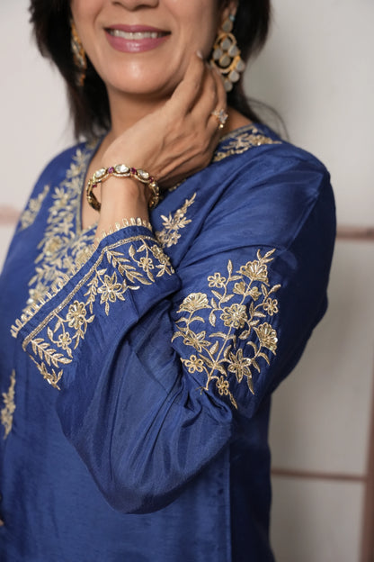 Royal Blue Pure Silk A-Line Kurta Dupatta Set | Pearl & Sequin Embroidery Work
