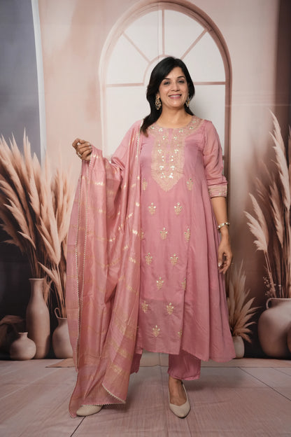 Charm Pink Mul Chanderi A-Line Kurta Dupatta Set