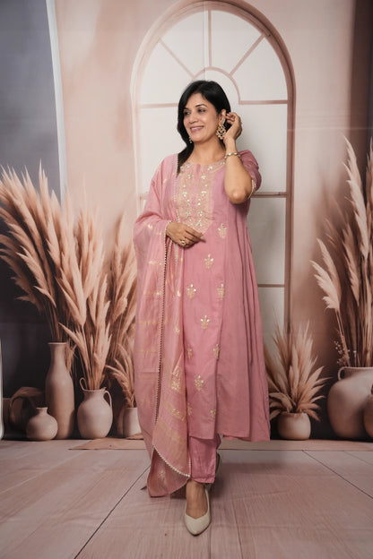 Charm Pink Mul Chanderi A-Line Kurta Dupatta Set
