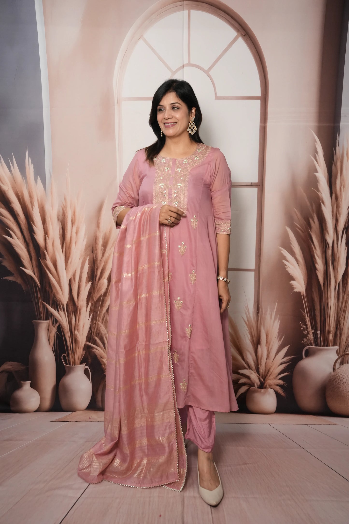 Charm Pink Mul Chanderi A-Line Kurta Dupatta Set