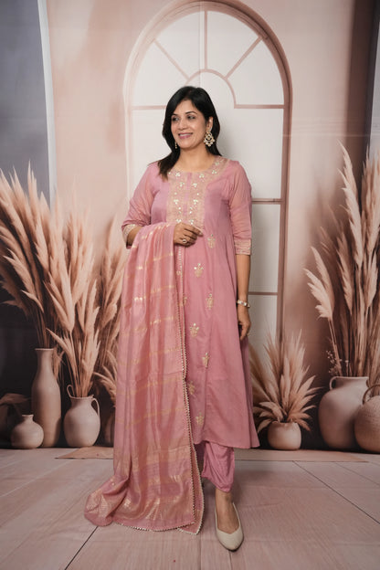 Charm Pink Mul Chanderi A-Line Kurta Dupatta Set