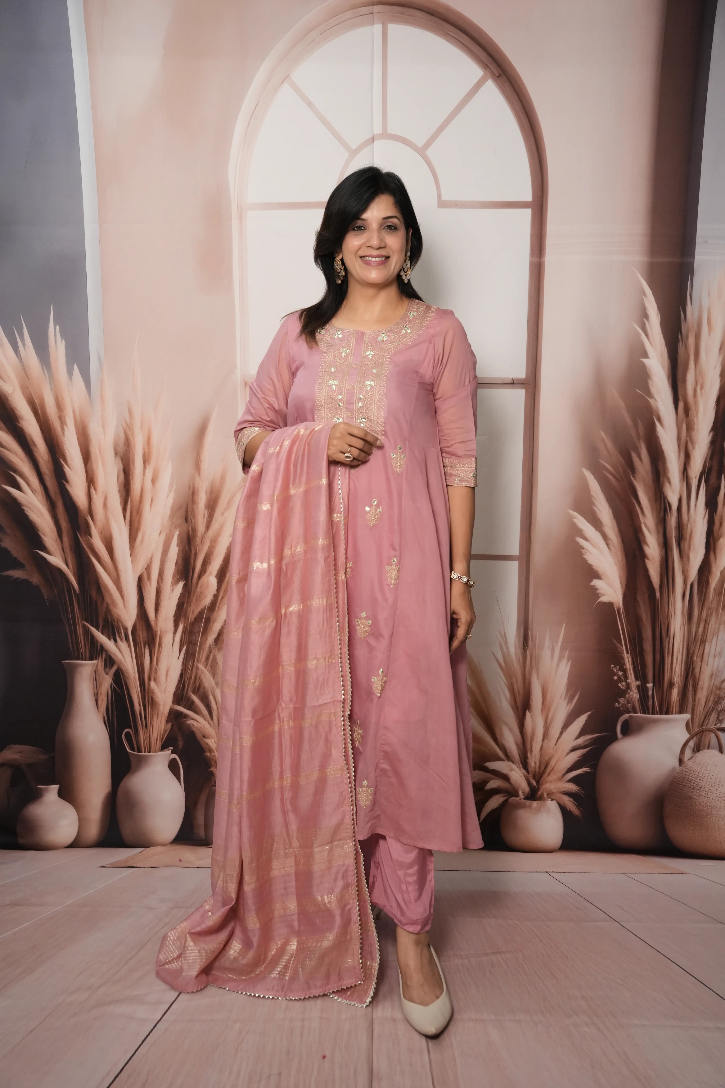 Charm Pink Mul Chanderi A-Line Kurta Dupatta Set