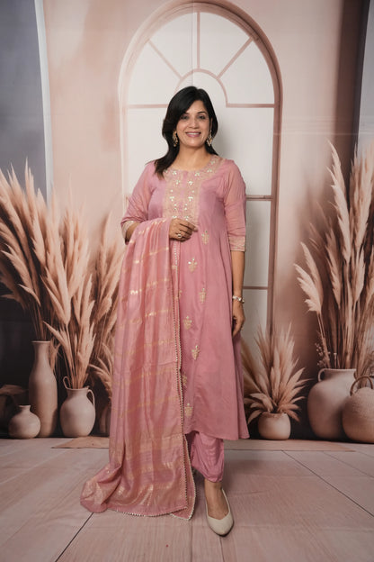 Charm Pink Mul Chanderi A-Line Kurta Dupatta Set