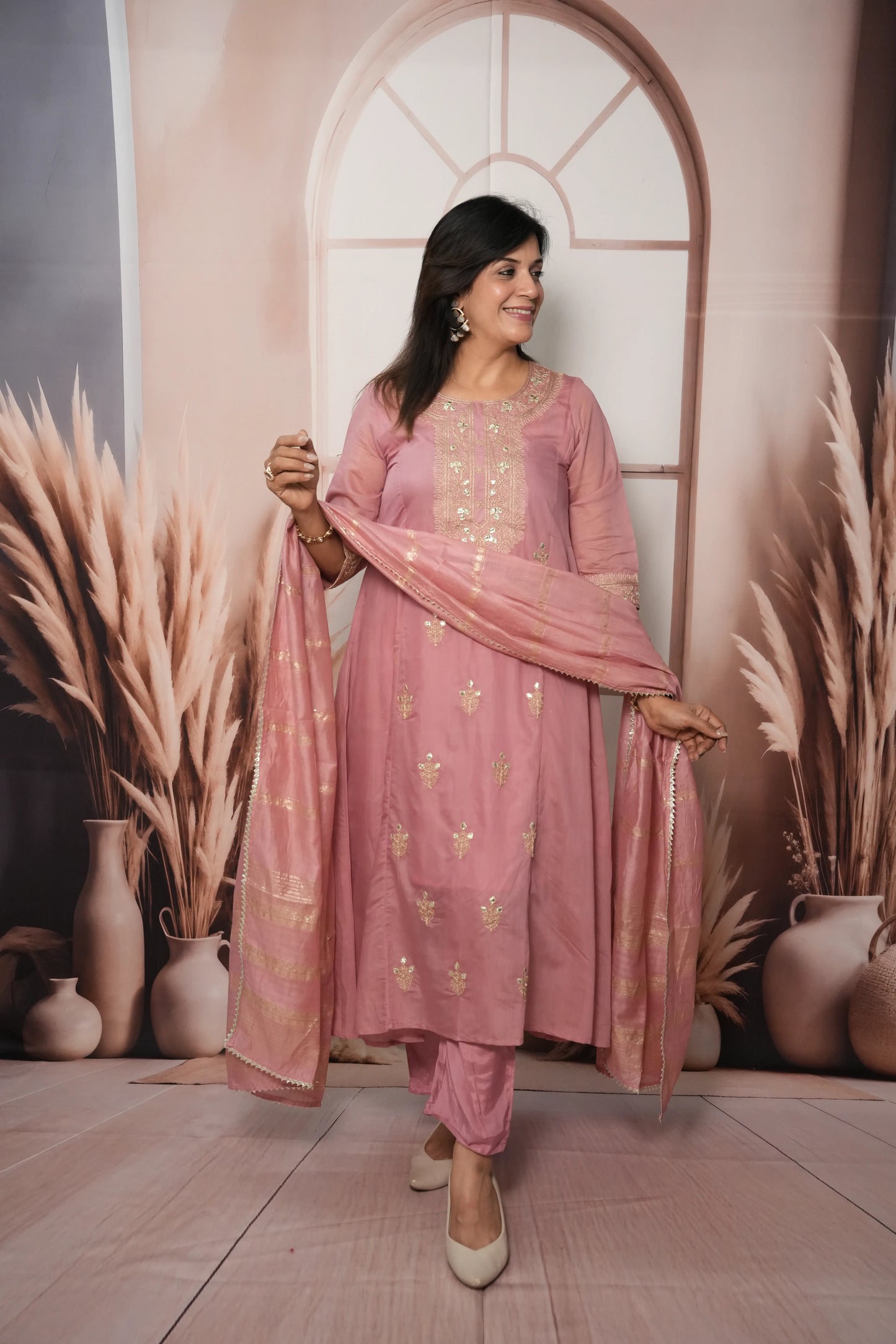 Charm Pink Mul Chanderi A-Line Kurta Dupatta Set
