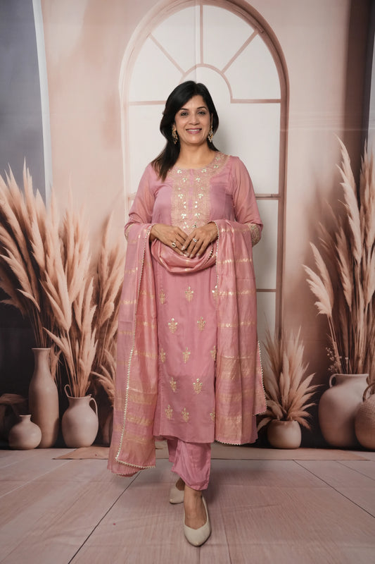 Charm Pink Mul Chanderi A-Line Kurta Dupatta Set