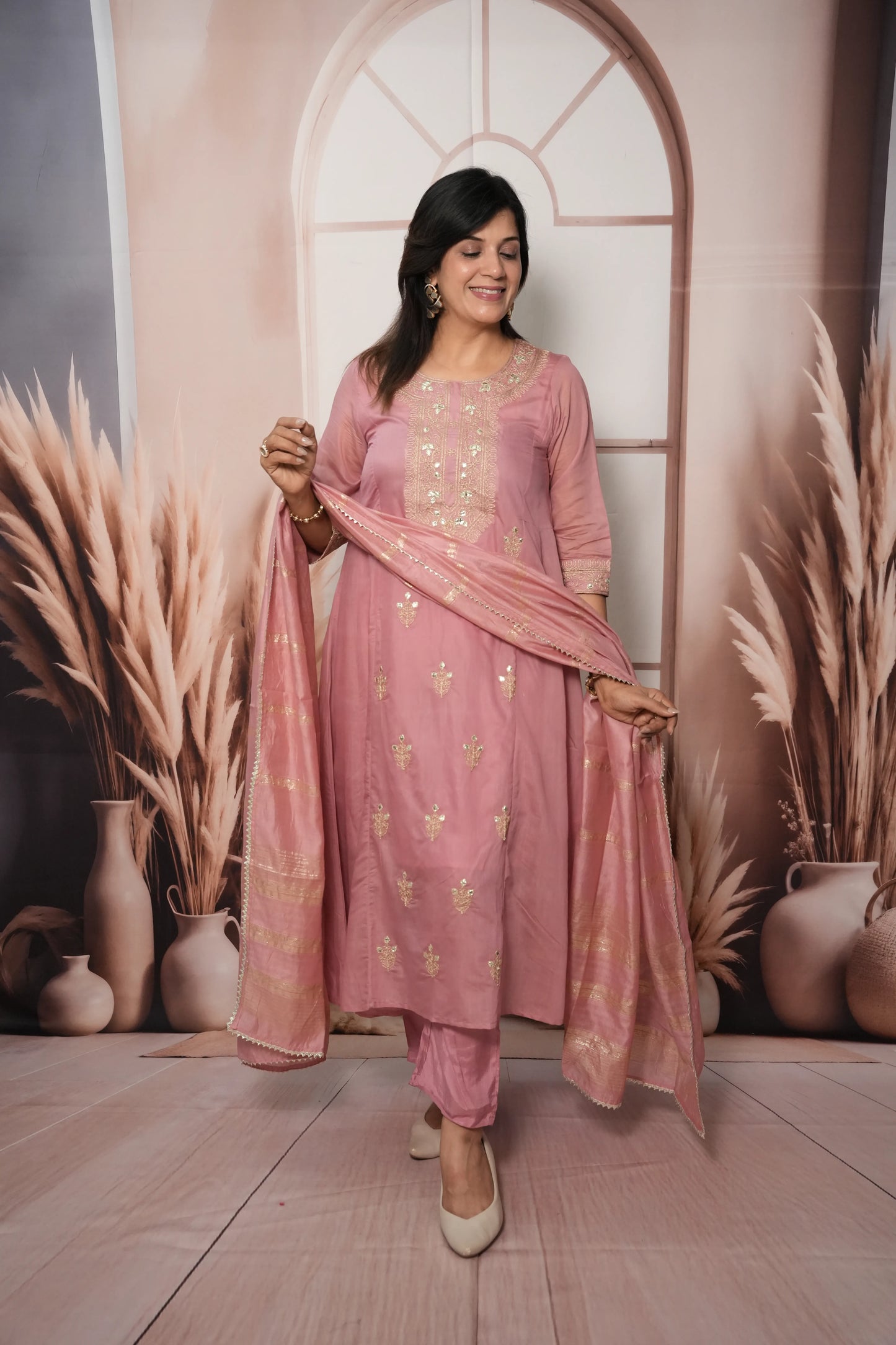 Charm Pink Mul Chanderi A-Line Kurta Dupatta Set