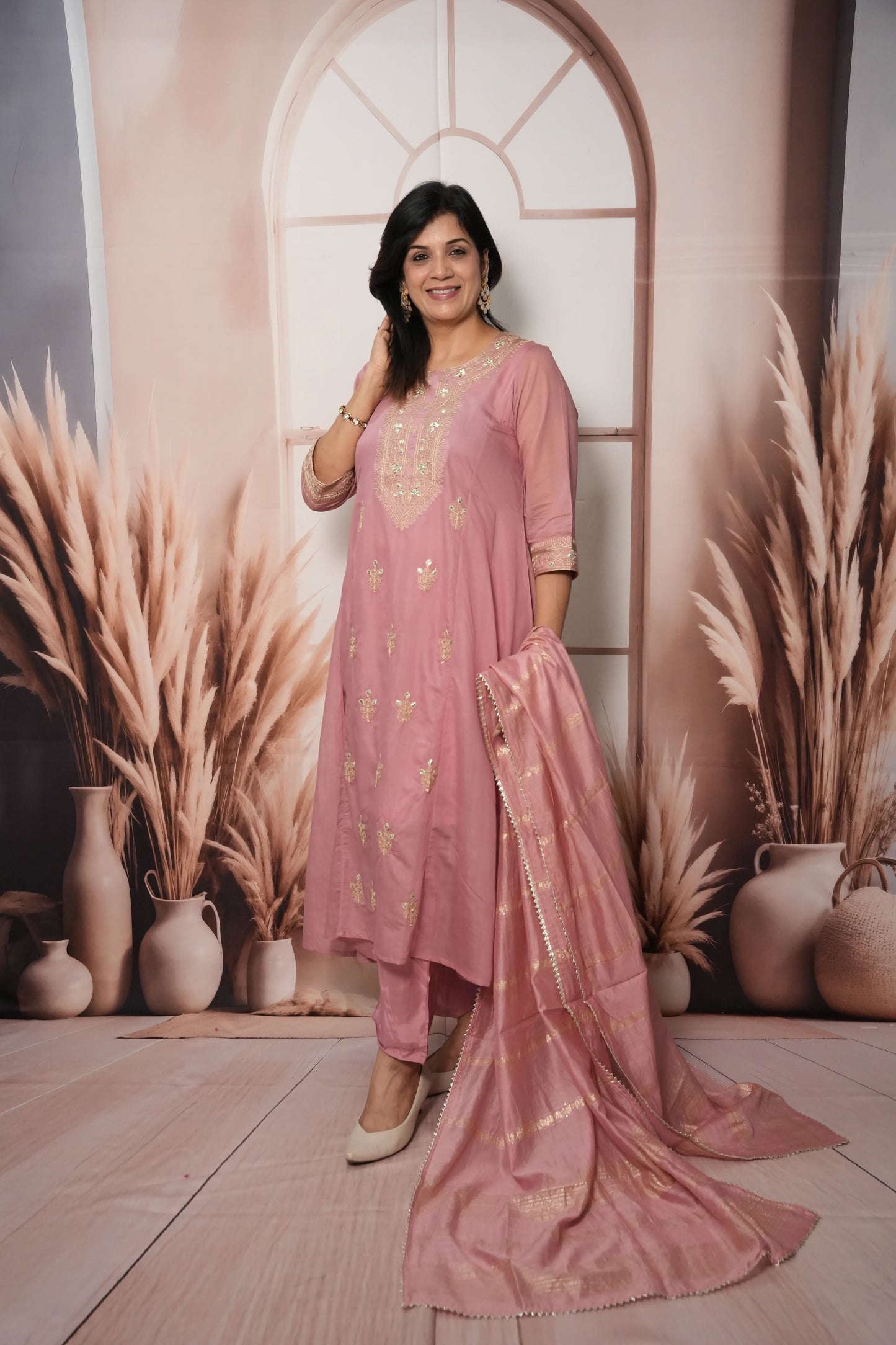 Charm Pink Mul Chanderi A-Line Kurta Dupatta Set