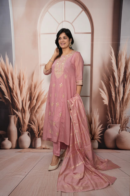 Charm Pink Mul Chanderi A-Line Kurta Dupatta Set
