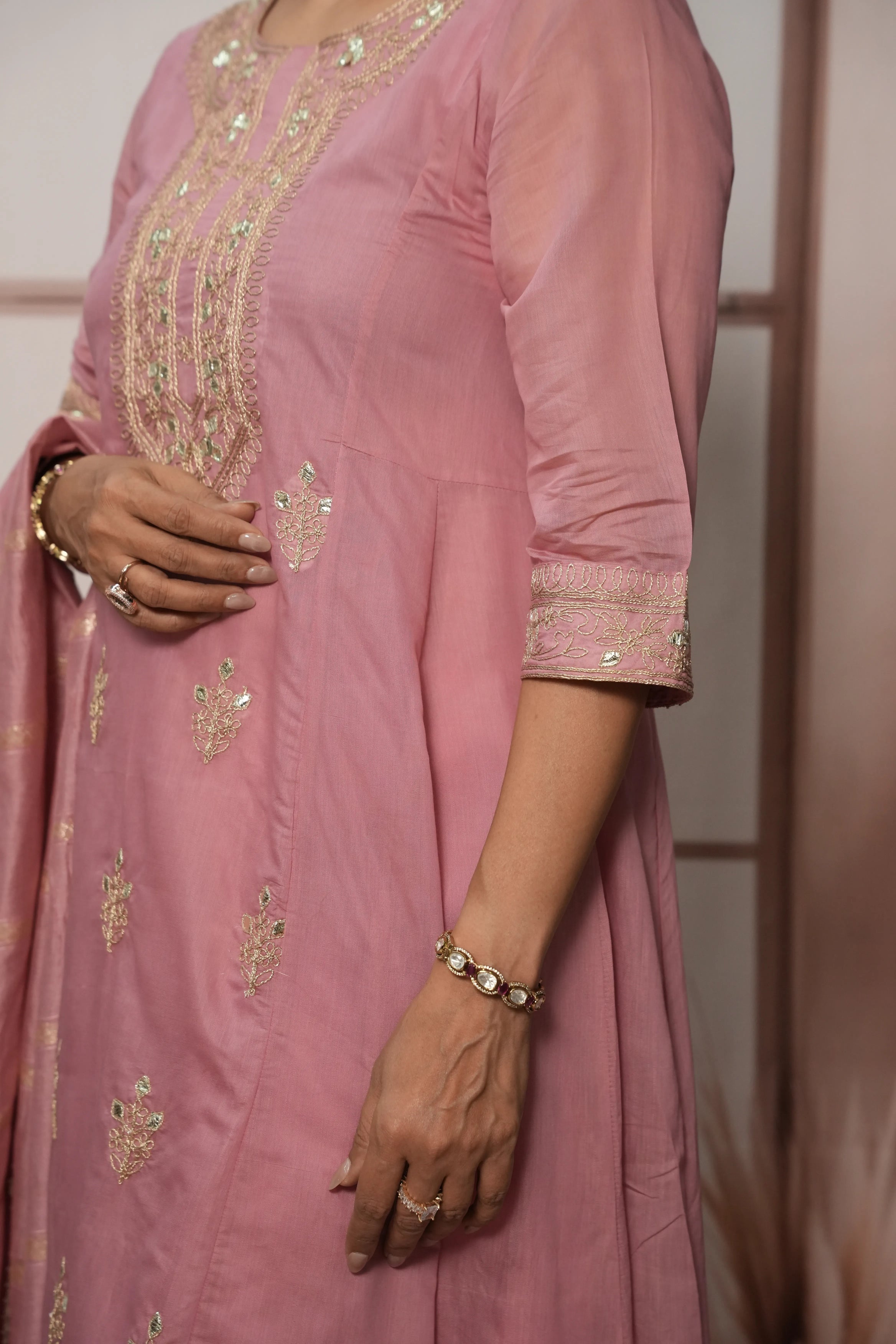 Charm Pink Mul Chanderi A-Line Kurta Dupatta Set