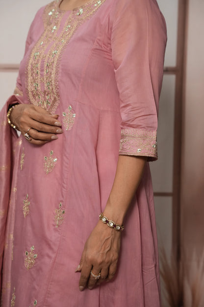 Charm Pink Mul Chanderi A-Line Kurta Dupatta Set