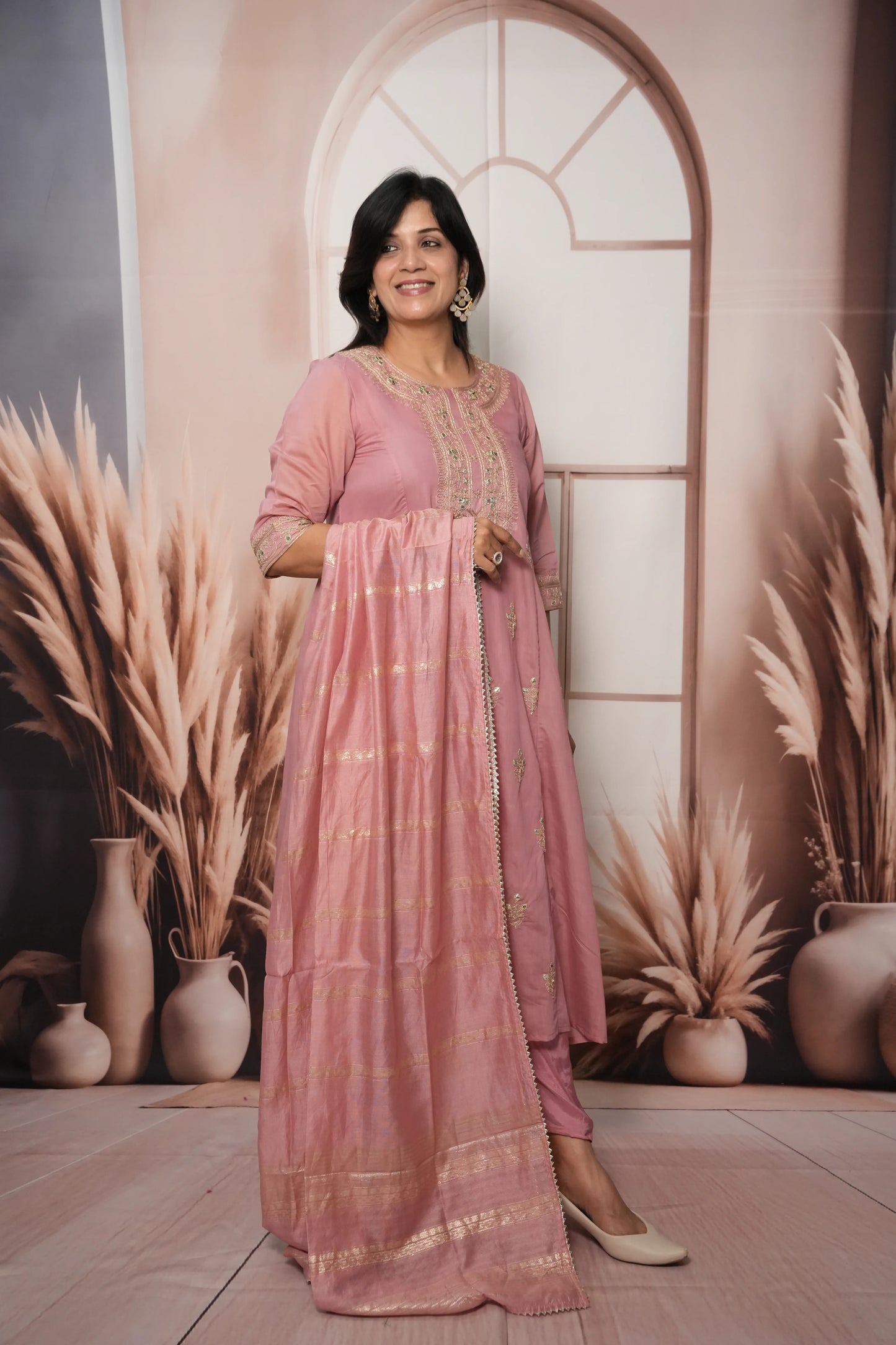Charm Pink Mul Chanderi A-Line Kurta Dupatta Set