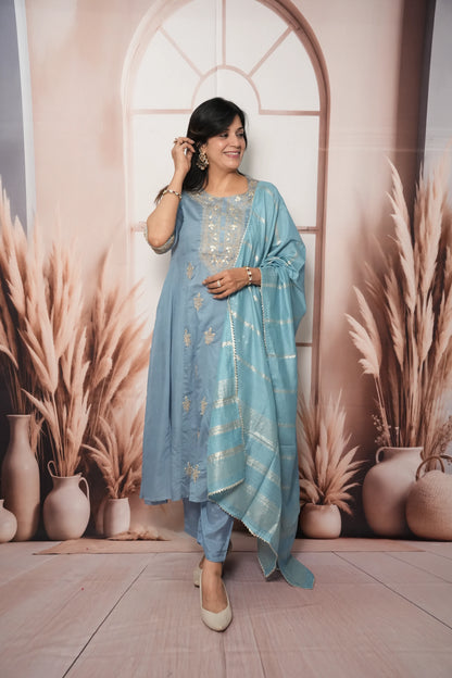 Sky Blue Mul Chanderi A-Line Kurta Dupatta Set