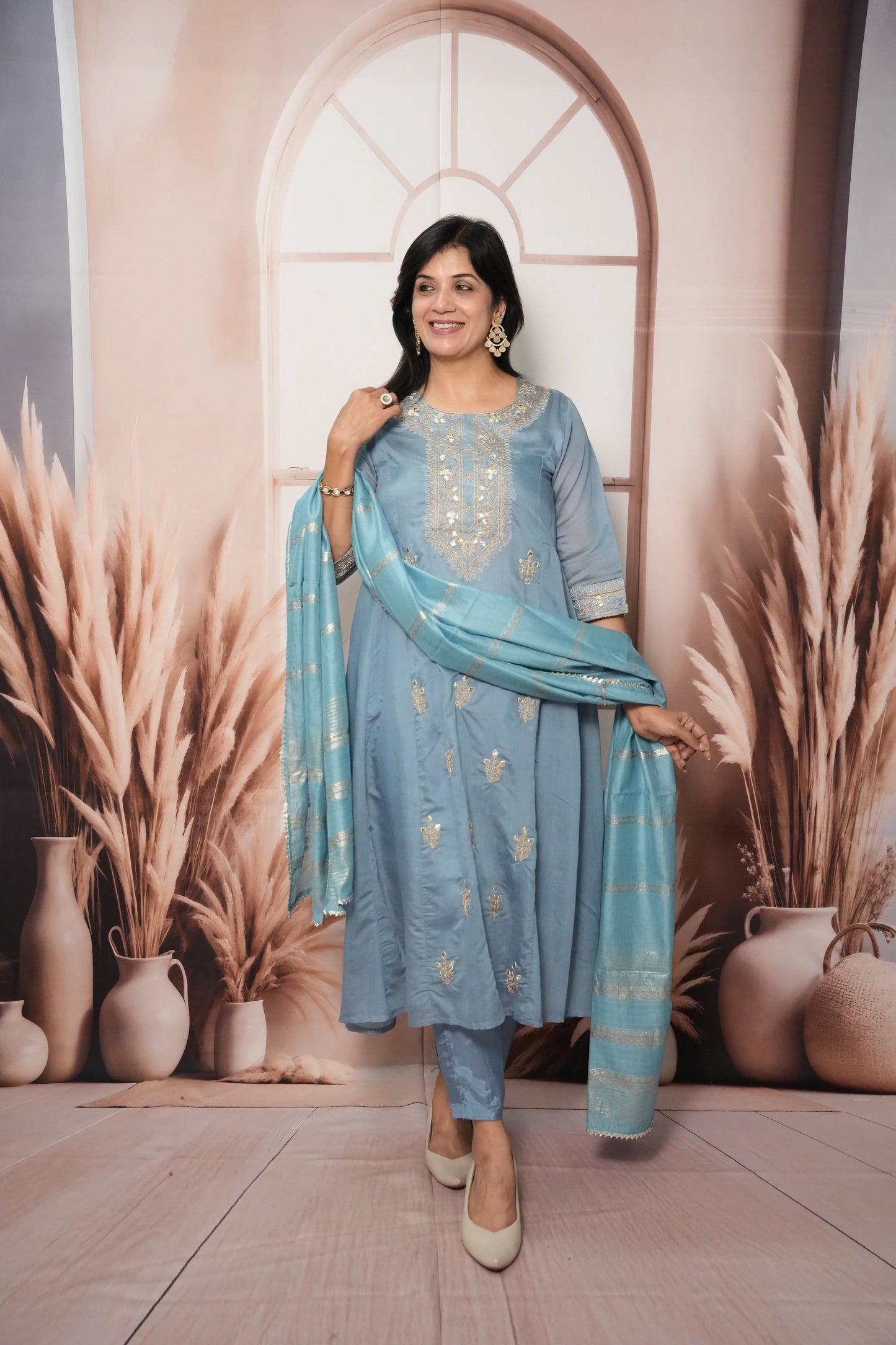 Sky Blue Mul Chanderi A-Line Kurta Dupatta Set