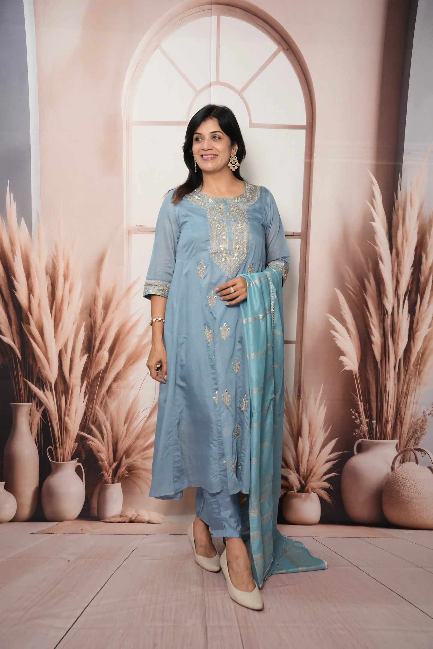 Sky Blue Mul Chanderi A-Line Kurta Dupatta Set