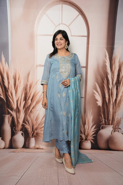 Sky Blue Mul Chanderi A-Line Kurta Dupatta Set