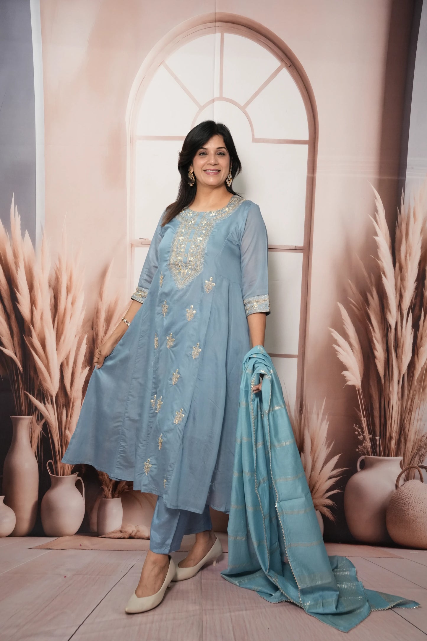 Sky Blue Mul Chanderi A-Line Kurta Dupatta Set