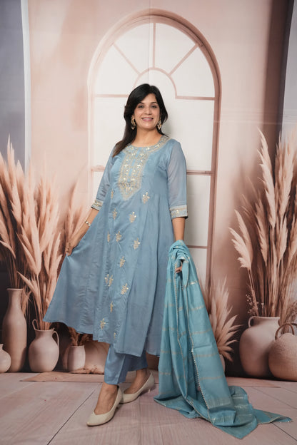 Sky Blue Mul Chanderi A-Line Kurta Dupatta Set