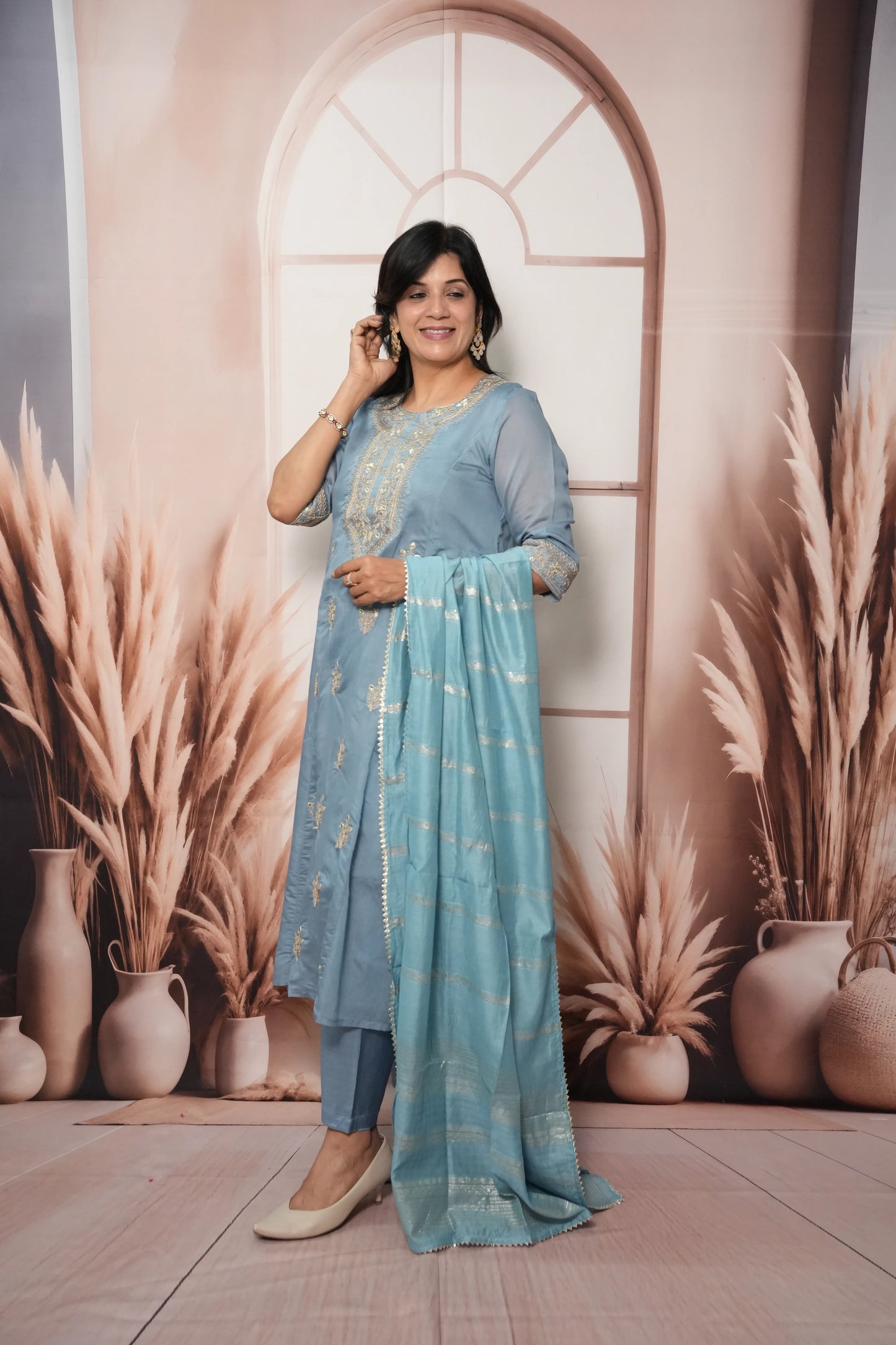 Sky Blue Mul Chanderi A-Line Kurta Dupatta Set