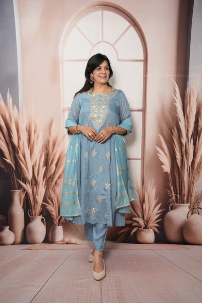 Sky Blue Mul Chanderi A-Line Kurta Dupatta Set