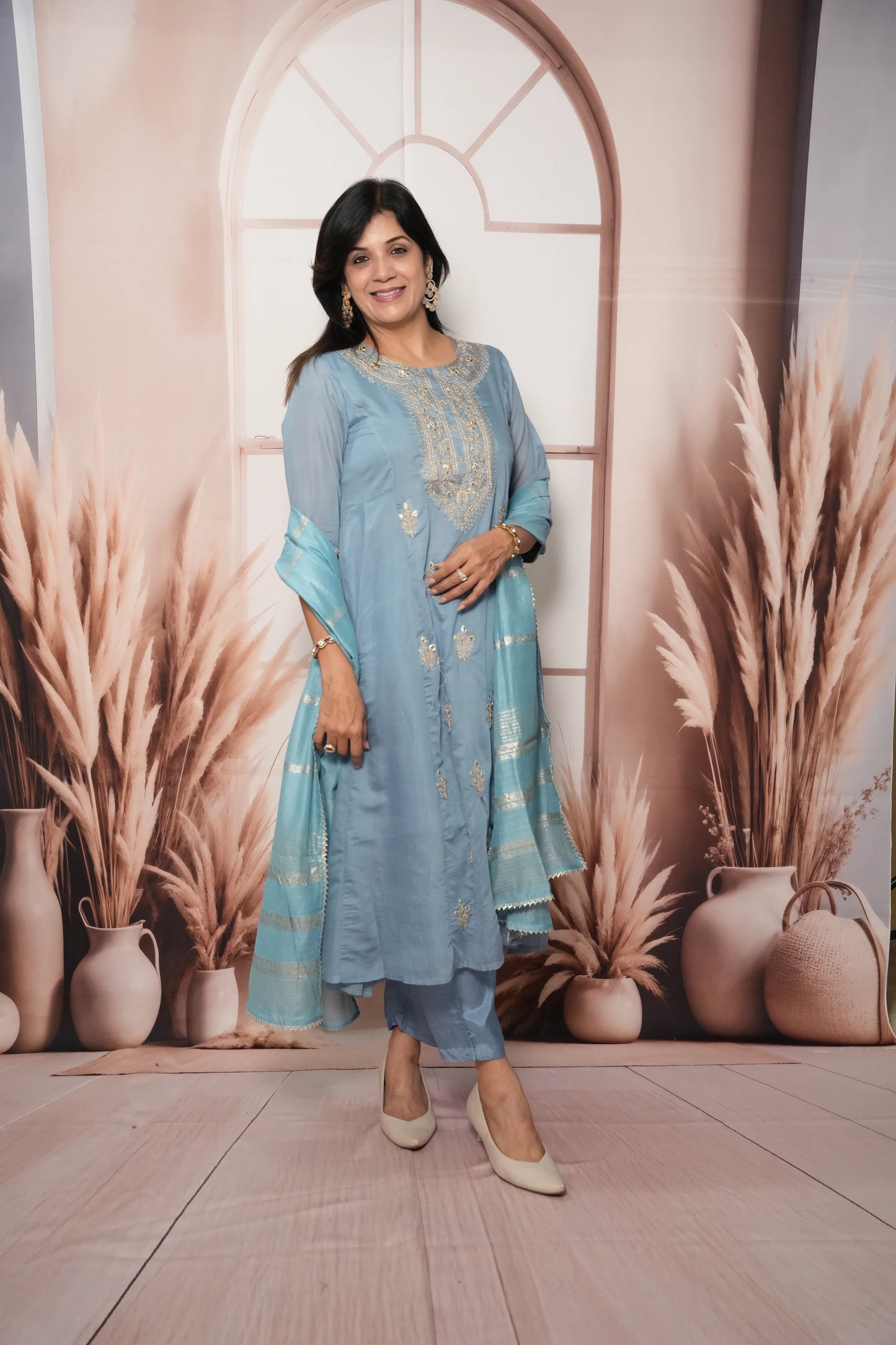 Sky Blue Mul Chanderi A-Line Kurta Dupatta Set