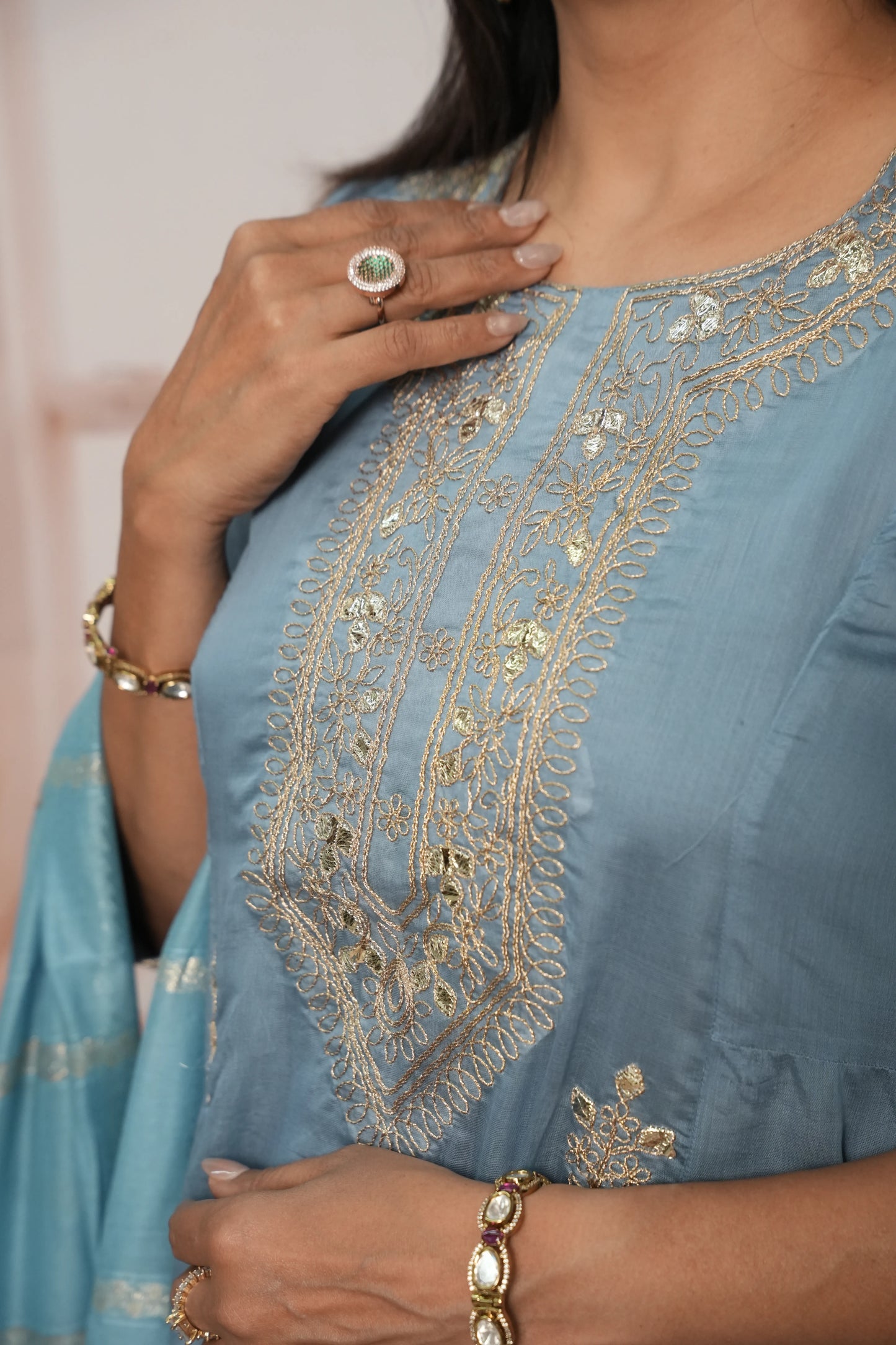 Sky Blue Mul Chanderi A-Line Kurta Dupatta Set