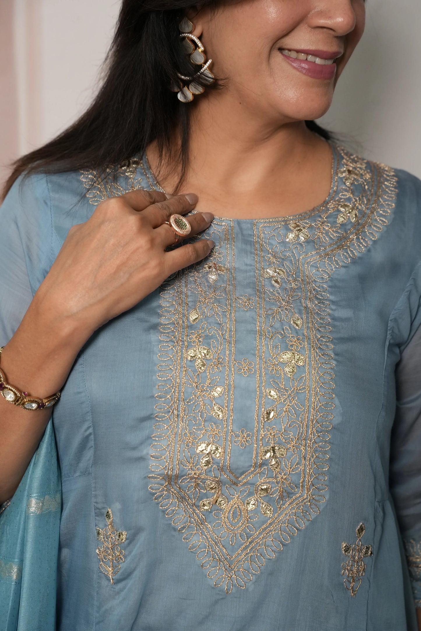 Sky Blue Mul Chanderi A-Line Kurta Dupatta Set