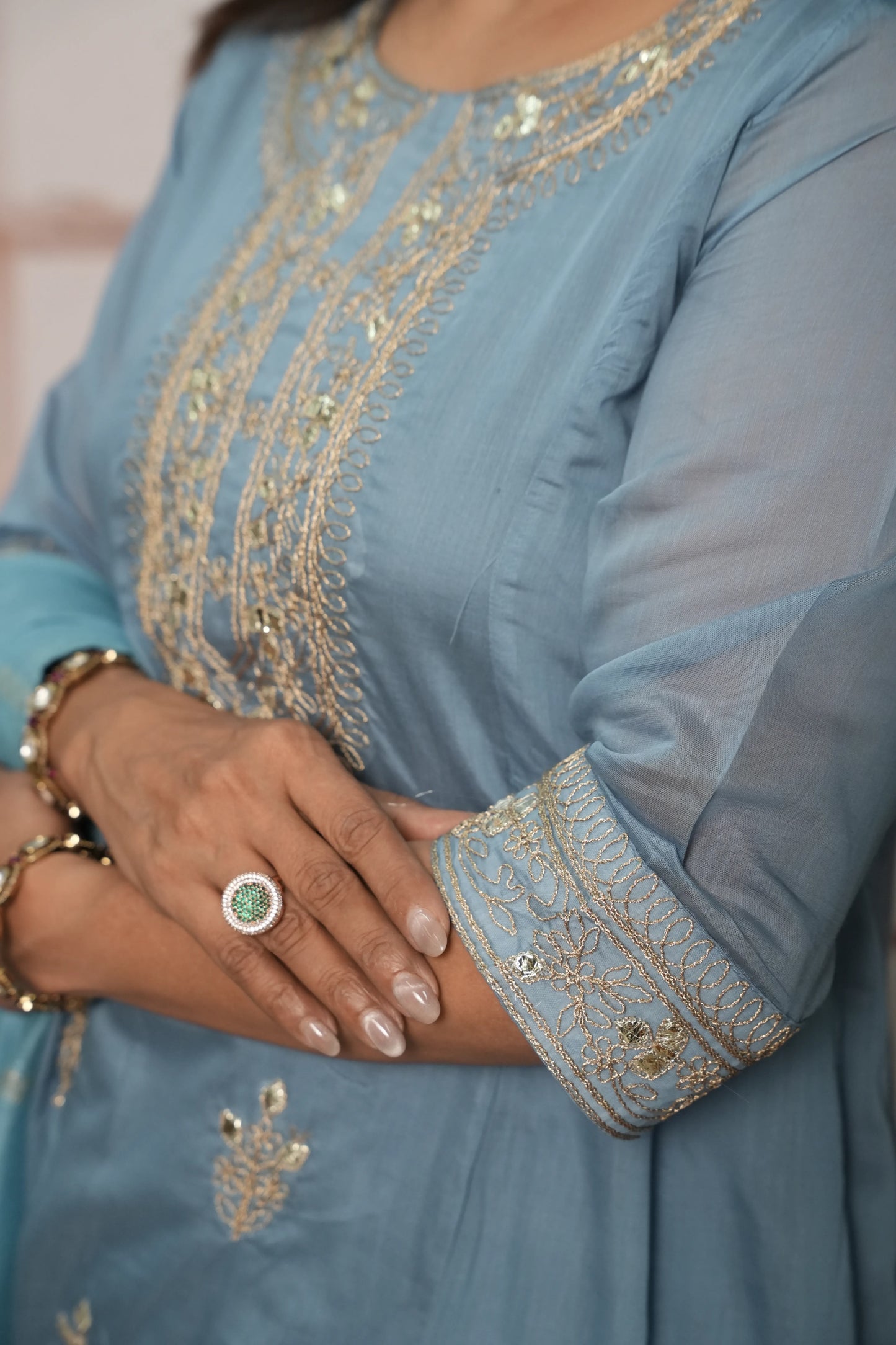 Sky Blue Mul Chanderi A-Line Kurta Dupatta Set