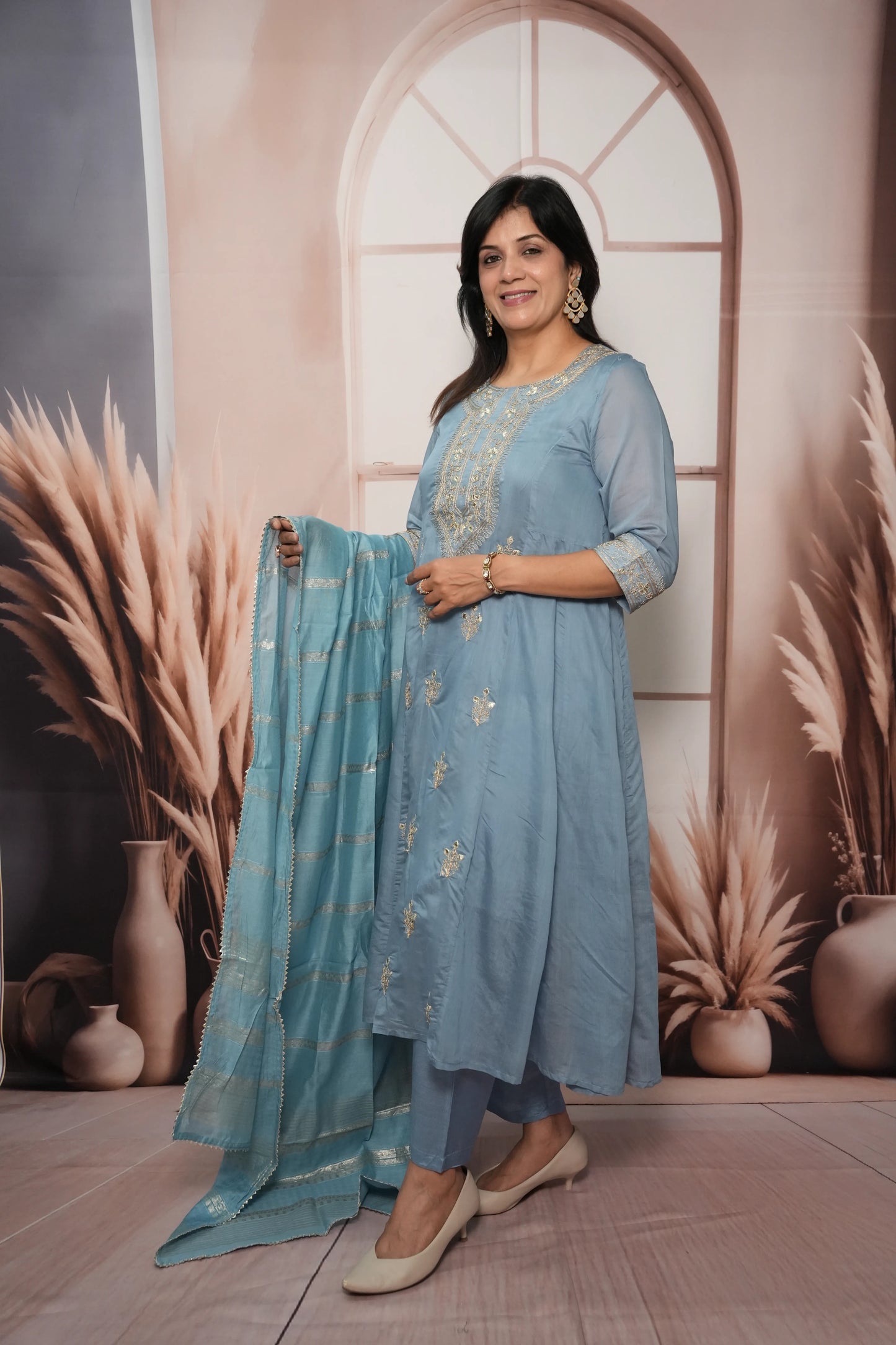 Sky Blue Mul Chanderi A-Line Kurta Dupatta Set