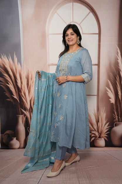 Sky Blue Mul Chanderi A-Line Kurta Dupatta Set