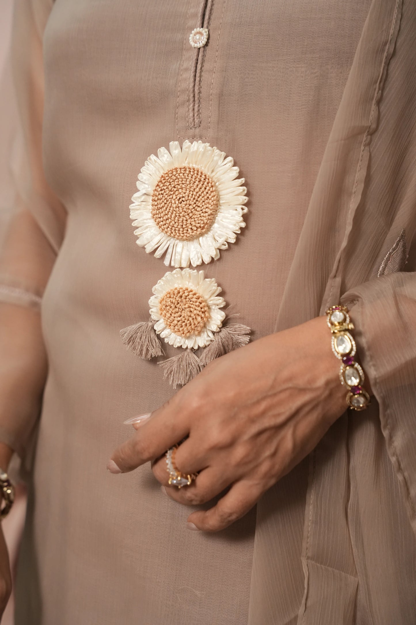 Dusty Pinkish-Beige Chinon Kurta Dupatta Set | Raffia Flower & Embroidery Work