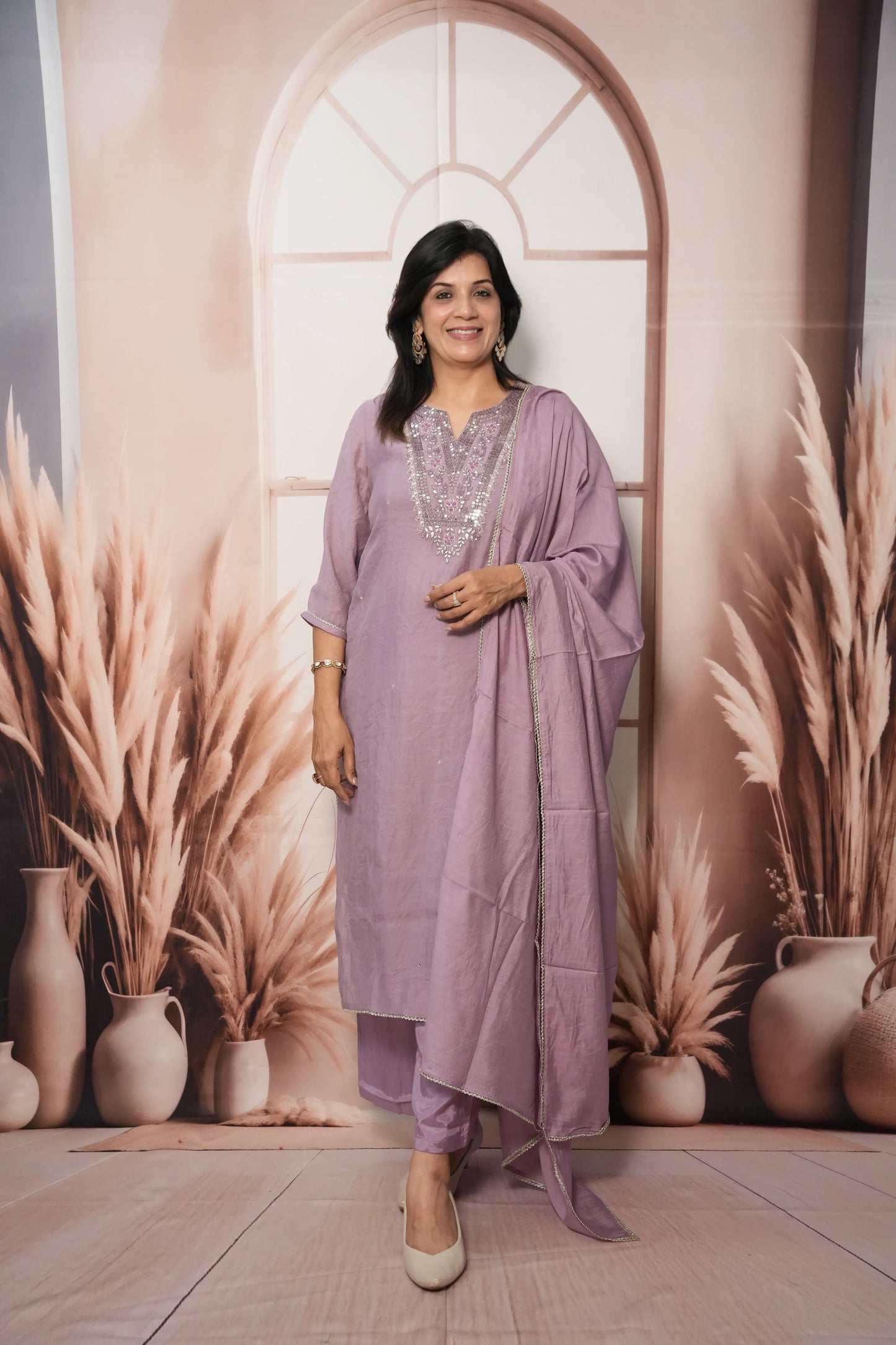 Wisteria Mul Chanderi Kurta Dupatta Set with Sequin & Embroidery Work